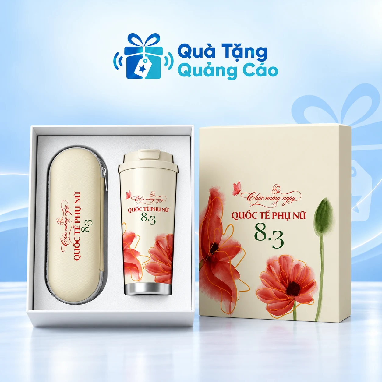 Minh họa cả bộ ly giữ nhiệt và ô trong hộp trên nền thương hiệu Minh họa ly giữ nhiệt và túi ô gấp 5 tông kem trong hộp định hình, nắp hộp hoa 8/3 bên cạnh