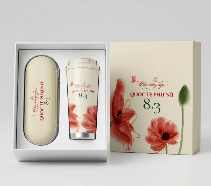 Tư liệu ly giữ nhiệt và túi ô màu kem trong khay hộp, cạnh nắp hộp họa tiết hoa 8/3
