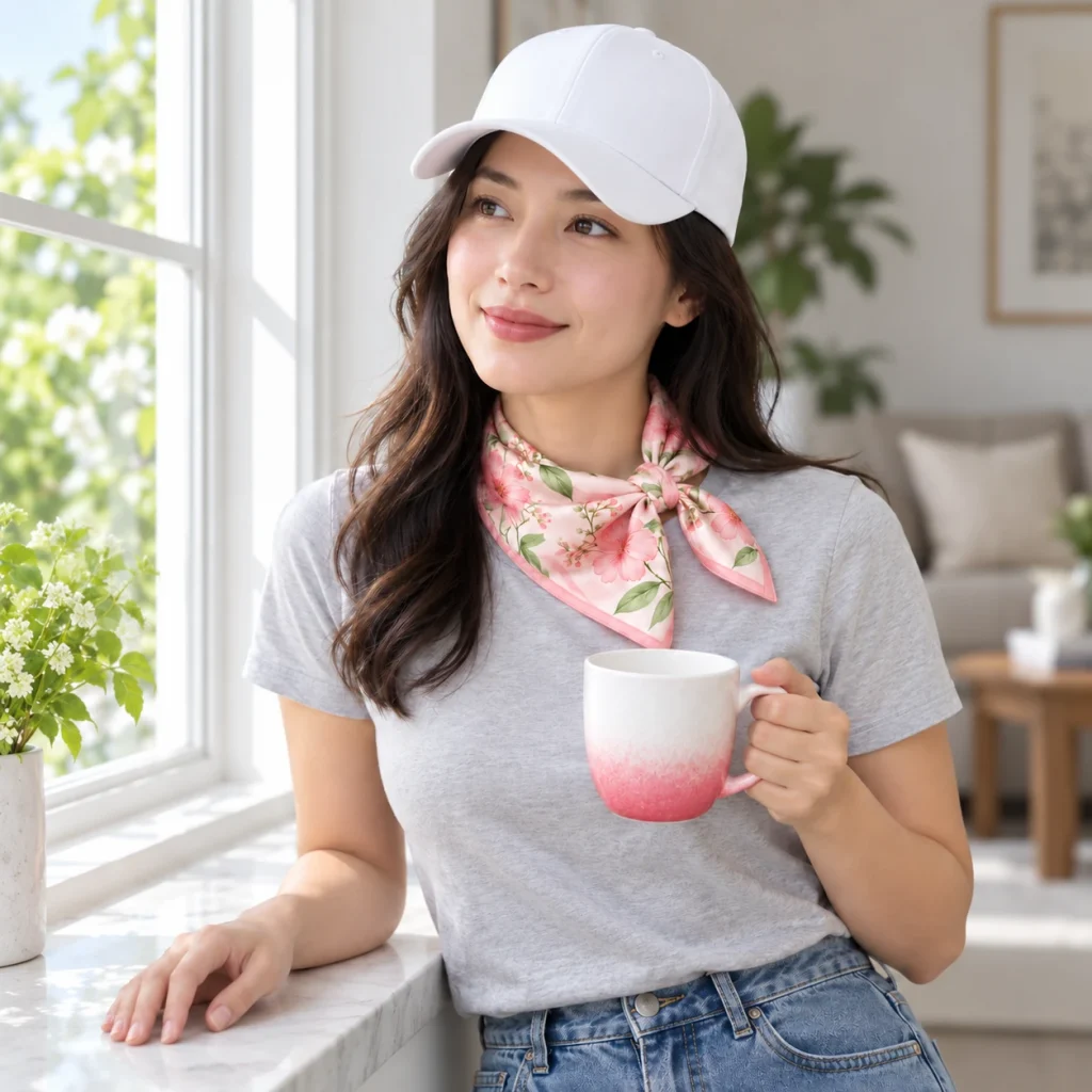 Minh họa người nhận đội mũ trắng, thắt khăn hoa hồng và cầm cốc men hỏa biến bên cửa sổ