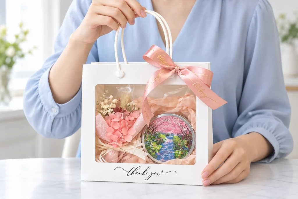 Minh họa người lớn cầm túi quà có nến hũ thiếc và bó hoa bên trong