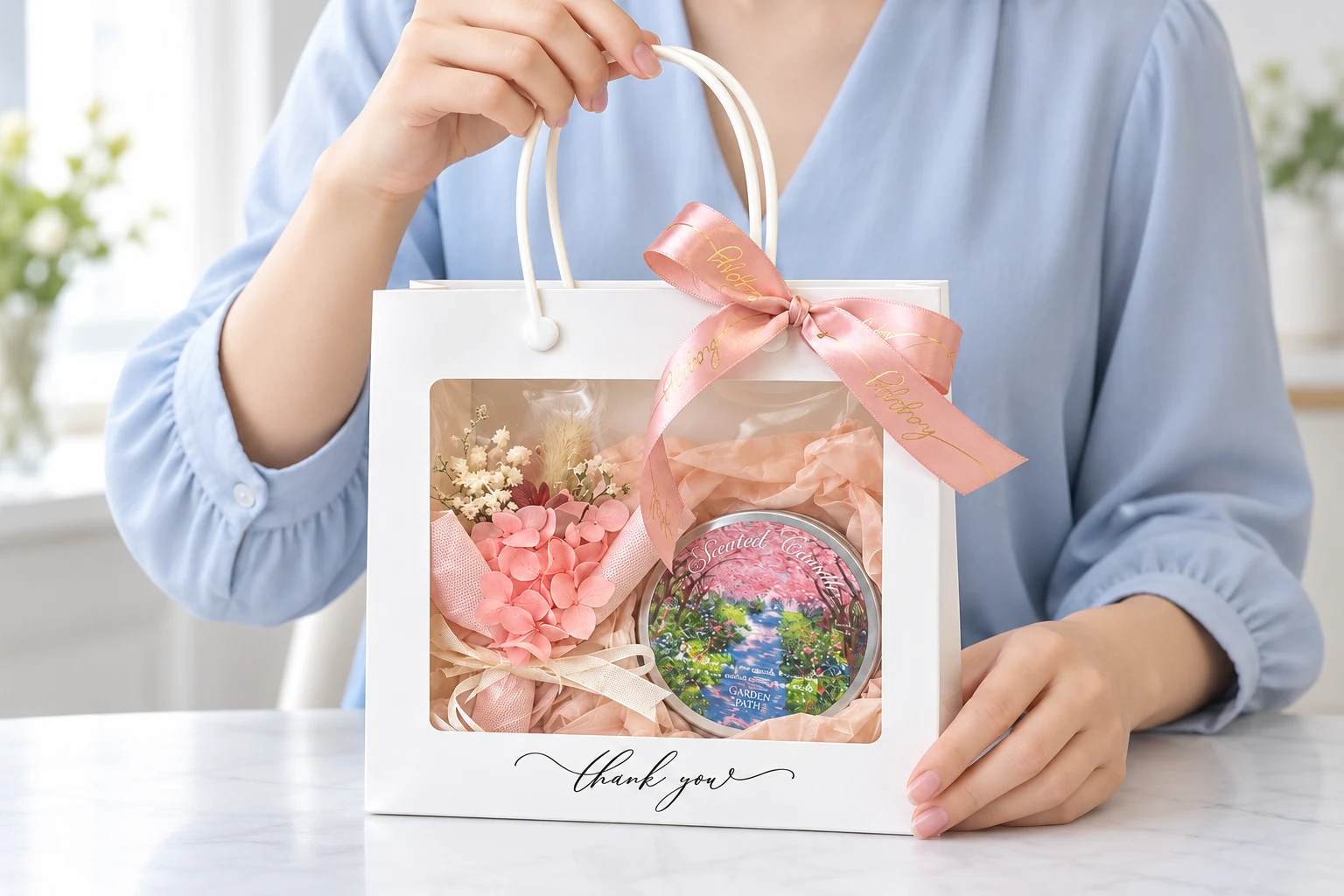 Minh họa người nhận cầm trọn bộ nến và bó hoa trong túi Minh họa người lớn cầm túi quà có nến hũ thiếc và bó hoa bên trong