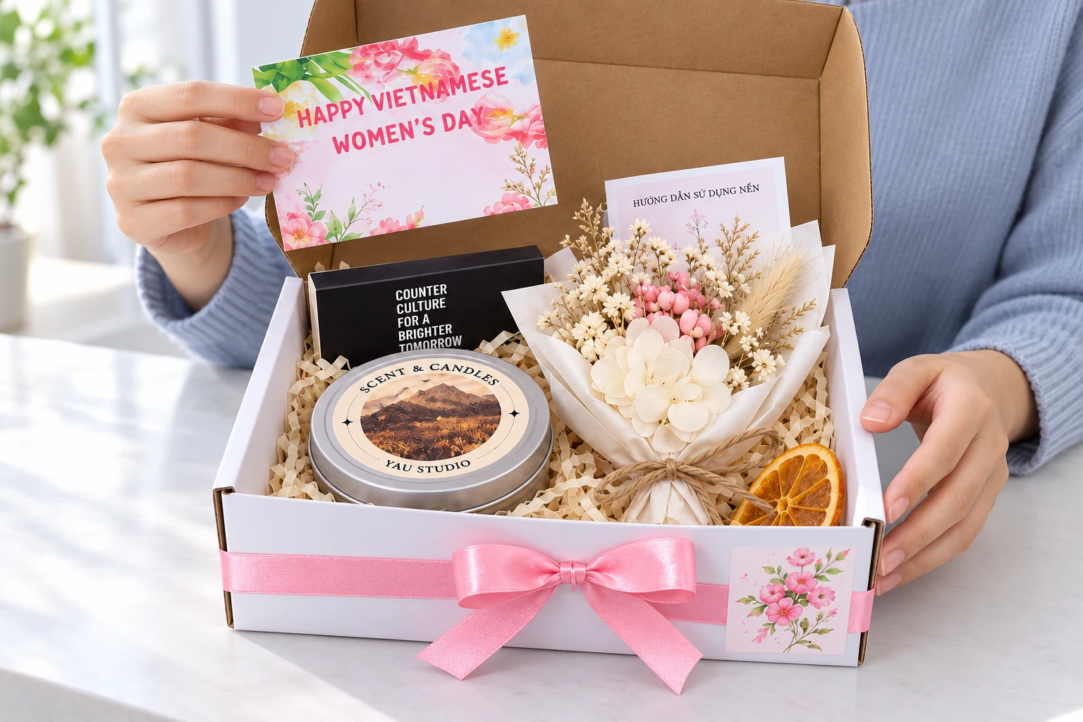 Minh họa mở bộ nến và đọc postcard Minh họa người lớn đọc postcard bên bộ nến, bó hoa khô và diêm đóng trong hộp