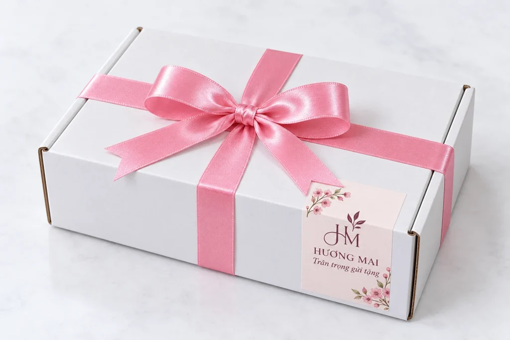 Minh họa tem decal HƯƠNG MAI trên hộp trắng buộc nơ hồng