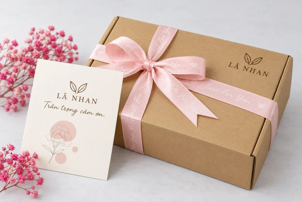 Minh họa nhận diện giả định LÃ NHAN một màu trên hộp carton và thiệp thiết kế riêng