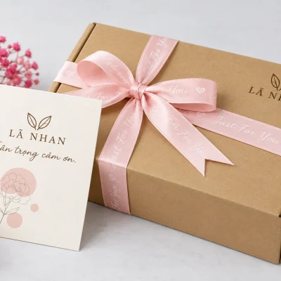 Minh họa nhận diện giả định LÃ NHAN một màu trên hộp carton và thiệp thiết kế riêng