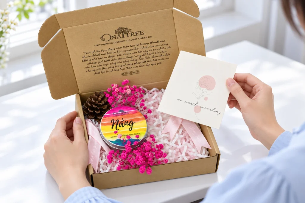 Minh họa người lớn đọc thiệp bên hộp quà có một nến nhãn Nắng và hoa khô