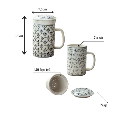 Ảnh tham khảo cốc cao 14cm đường kính 7,5cm và ba phần cốc sứ, lõi lọc trà, nắp