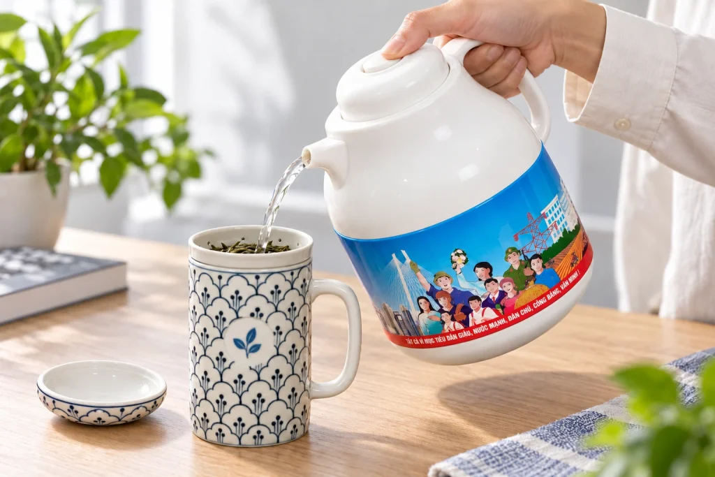 Minh họa bàn tay người lớn rót nước từ phích Rạng Đông vào cốc sứ có lõi lọc trà, nắp đặt bên cạnh