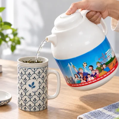 Minh họa bàn tay người lớn rót nước từ phích Rạng Đông vào cốc sứ có lõi lọc trà, nắp đặt bên cạnh