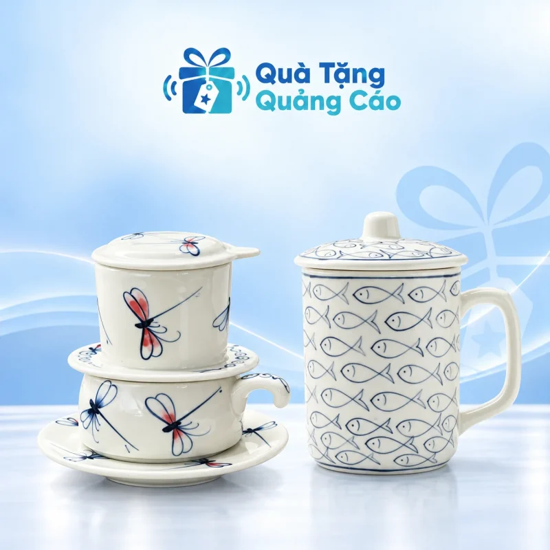 Bộ quà phin cà phê sứ và cốc cao có nắp
