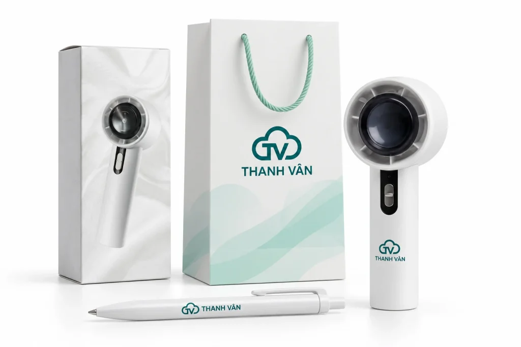 Minh họa nhận diện THANH VÂN trên tay cầm quạt, một vị trí trên bút và túi giấy in offset