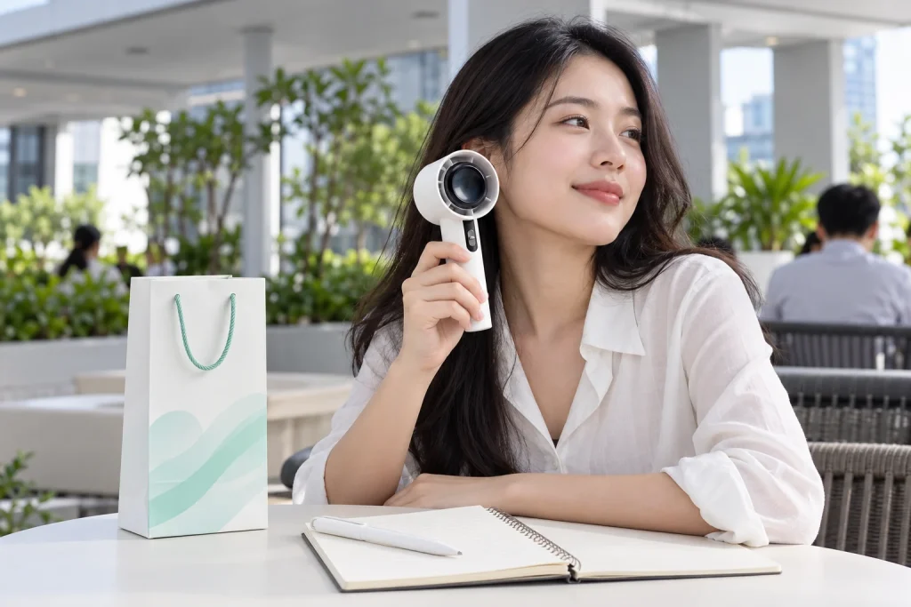 Minh họa người nhận dùng quạt tại khu nghỉ có mái che, bên túi giấy và bút trắng đặt trên sổ