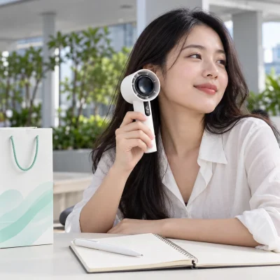 Minh họa người nhận dùng quạt tại khu nghỉ có mái che, bên túi giấy và bút trắng đặt trên sổ