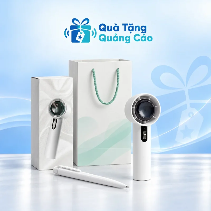 Bộ quà quạt cầm tay và bút bi ABS kèm túi giấy in logo