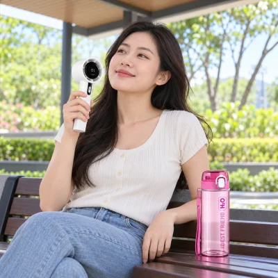 Minh họa người nhận dùng quạt mini 03 bên bình Duy Tân hồng tại khu vực nghỉ có mái che