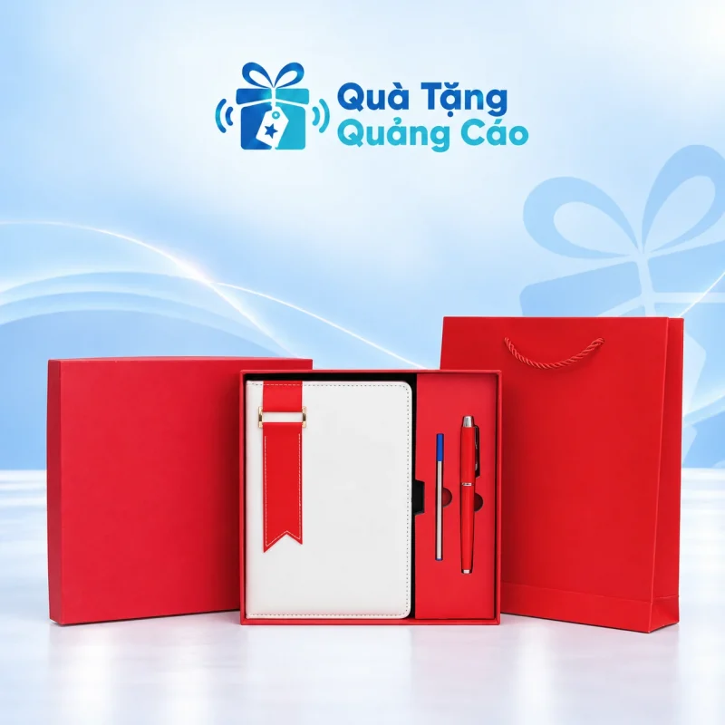 Bộ quà sổ dán gáy và bút kim loại trắng đỏ kèm hộp túi