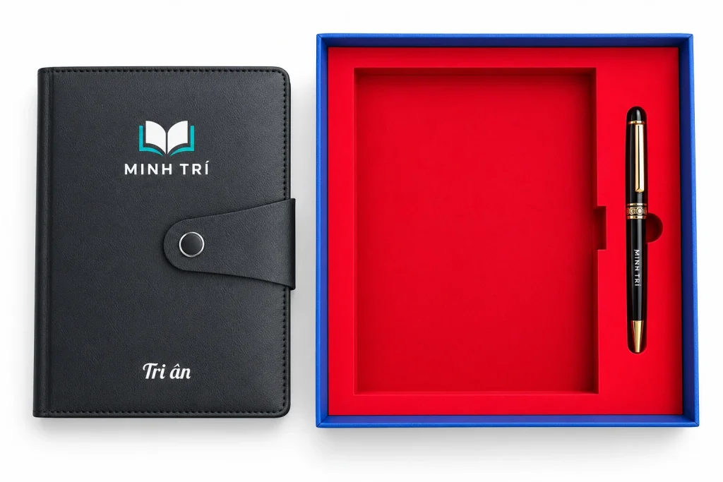 Minh họa sổ đen in UV MINH TRÍ đặt cạnh hộp, bút đen in một màu trắng nằm trong khay