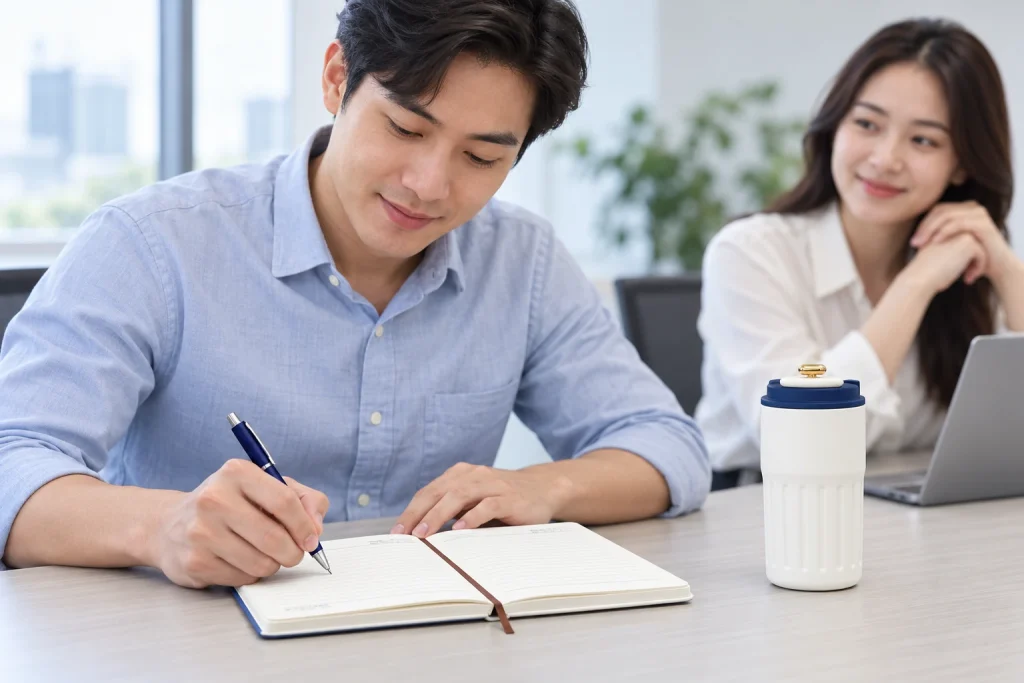 Minh họa người nhận ghi chép bằng bút xanh trong sổ, bên bình thân trắng nắp xanh