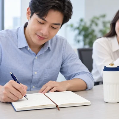 Minh họa người nhận ghi chép bằng bút xanh trong sổ, bên bình thân trắng nắp xanh