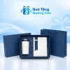 Minh họa bộ sổ trắng xanh, bình nắp xanh và bút trong hộp, kèm túi giấy xanh