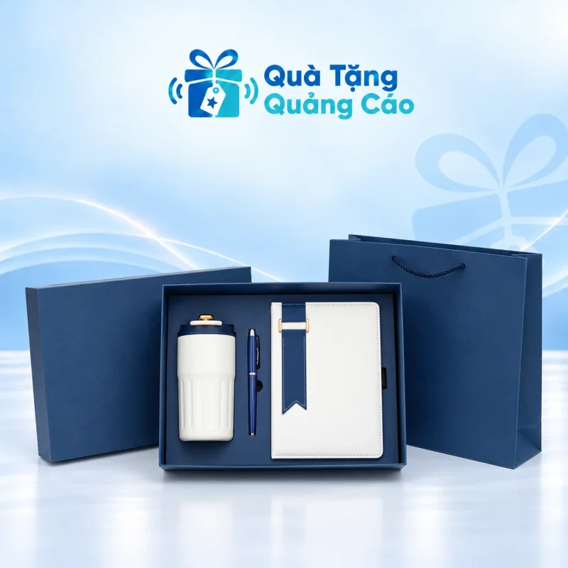 Bộ quà sổ trắng xanh, bình giữ nhiệt và bút kim loại kèm hộp túi