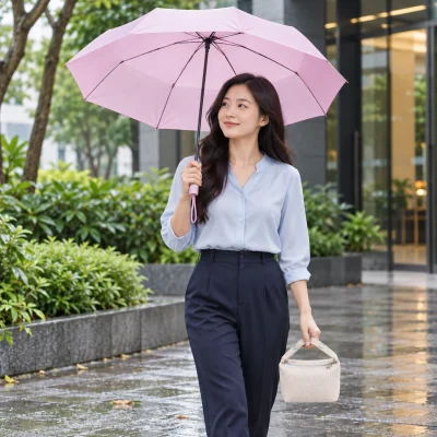 Minh họa người nhận cầm túi cói nhỏ và che dù hồng nhạt tại lối đi ngoài trời