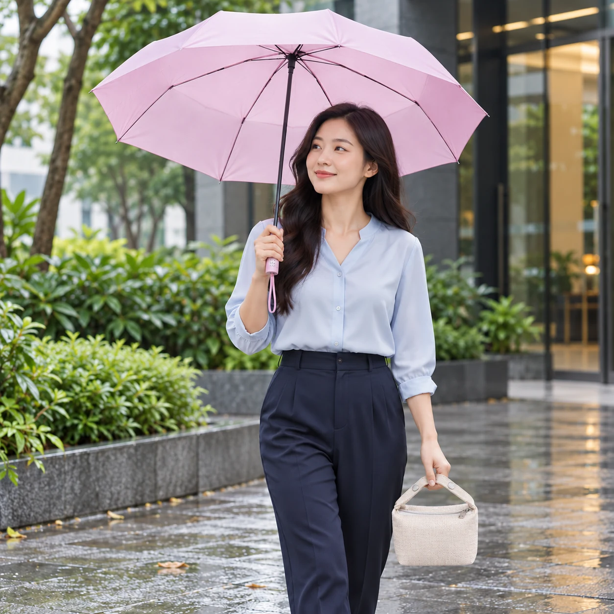 Minh họa cầm túi và dùng dù trong chuyến đi Minh họa người nhận cầm túi cói nhỏ và che dù hồng nhạt tại lối đi ngoài trời