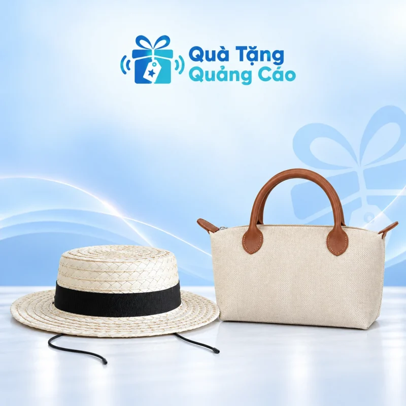 Bộ quà túi cói cầm tay và mũ lá buông hai lớp