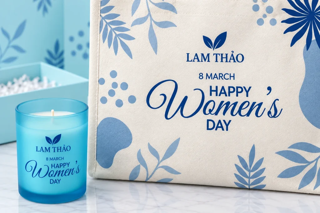 Minh họa nhận diện LAM THẢO trên mặt túi cói và một màu trên cốc nến xanh