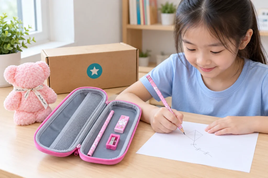 Minh họa học sinh viết bằng bút chì, ví bút mở chứa dụng cụ và khăn gấu hồng đặt cạnh