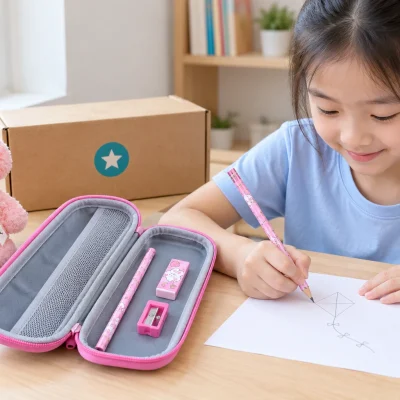 Minh họa học sinh viết bằng bút chì, ví bút mở chứa dụng cụ và khăn gấu hồng đặt cạnh