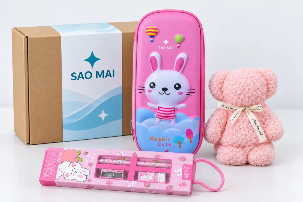 Minh họa nhận diện SAO MAI trên tem hộp carton và vùng trống của ví bút hồng