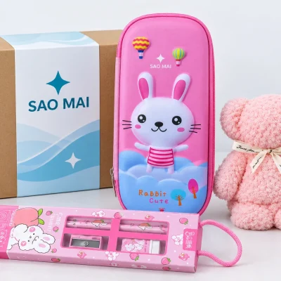 Minh họa nhận diện SAO MAI trên tem hộp carton và vùng trống của ví bút hồng