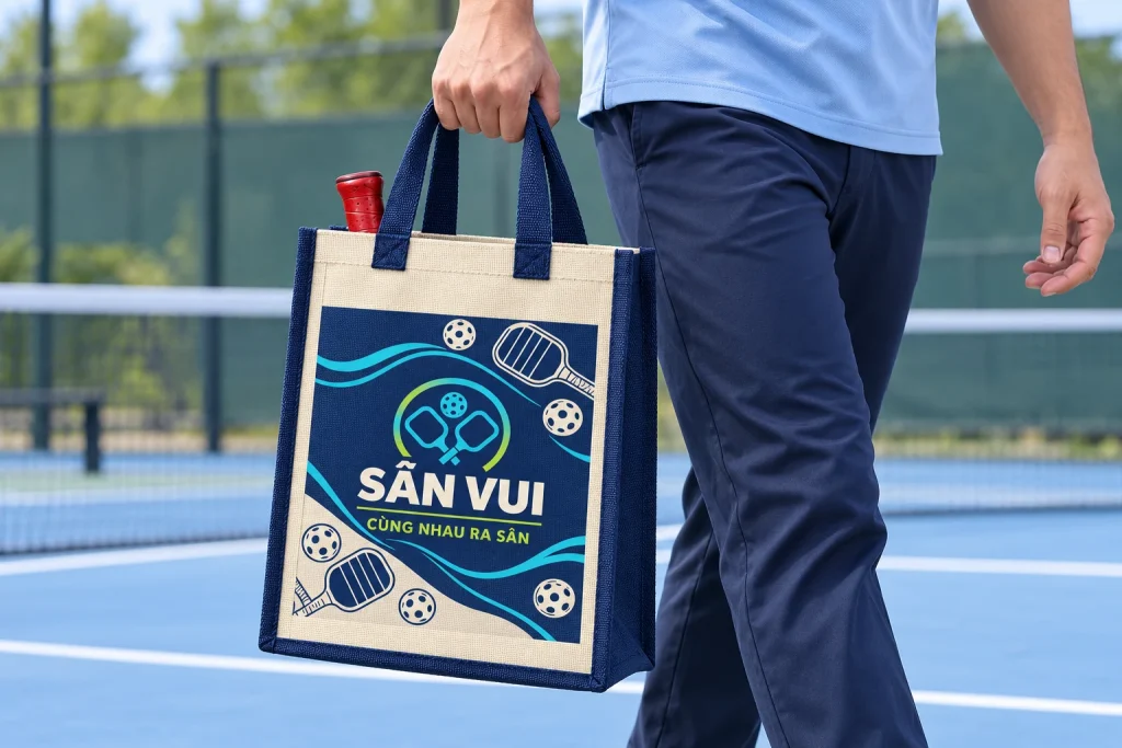 Minh họa người lớn cầm túi giả đay in SÂN VUI, một vợt đỏ đặt bên trong khi đến sân