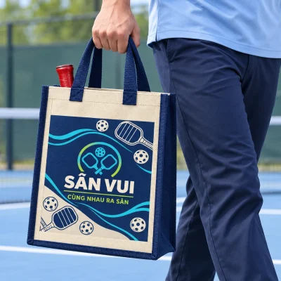 Minh họa người lớn cầm túi giả đay in SÂN VUI, một vợt đỏ đặt bên trong khi đến sân