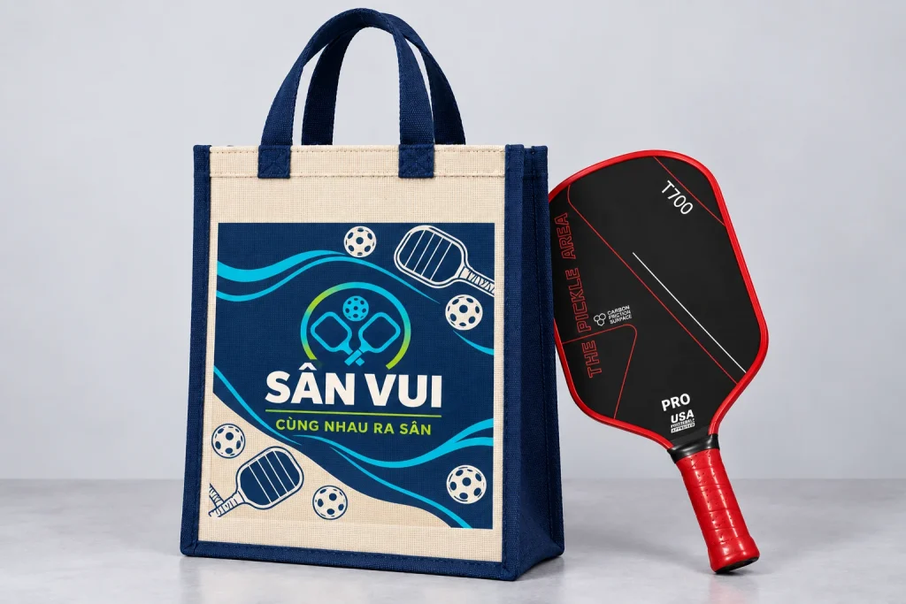 Minh họa nhận diện SÂN VUI in PET trên một mặt túi giả đay, vợt giữ họa tiết sẵn