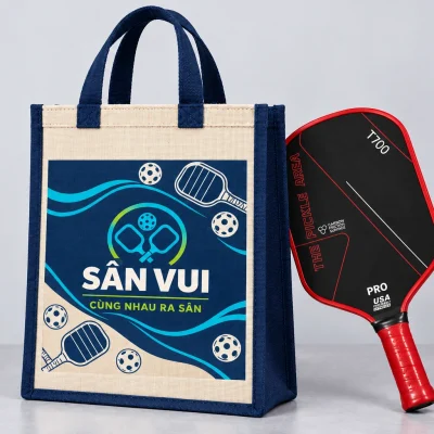 Minh họa nhận diện SÂN VUI in PET trên một mặt túi giả đay, vợt giữ họa tiết sẵn