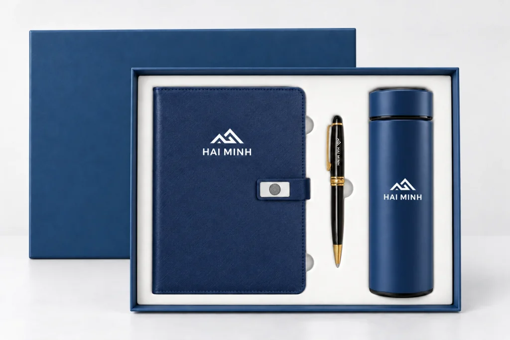 Minh họa nhận diện núi HAI MINH màu trắng trên sổ và bình, một vị trí trên bút đen