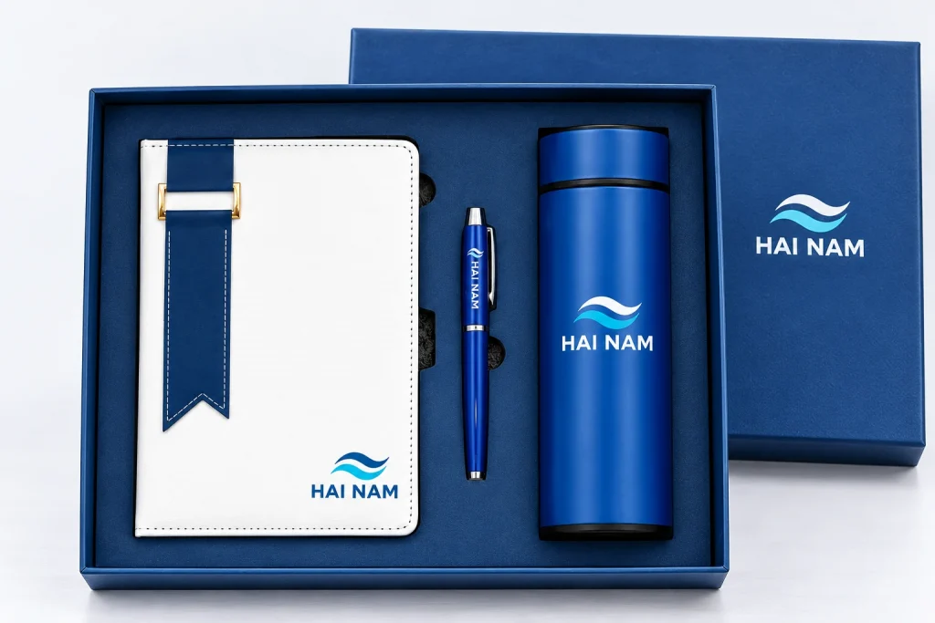 Minh họa nhận diện sóng HAI NAM trên sổ trắng, bình xanh, bút xanh và nắp hộp
