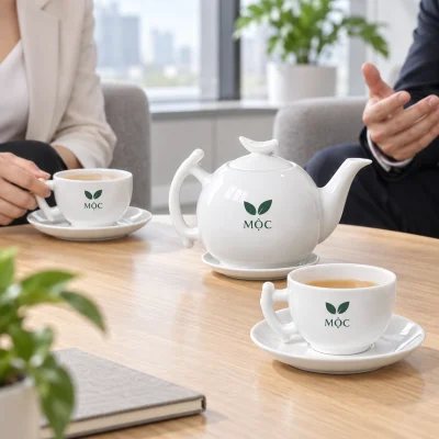 Minh họa ấm bưởi cành và hai chén có logo MỘC trên bàn tiếp khách văn phòng