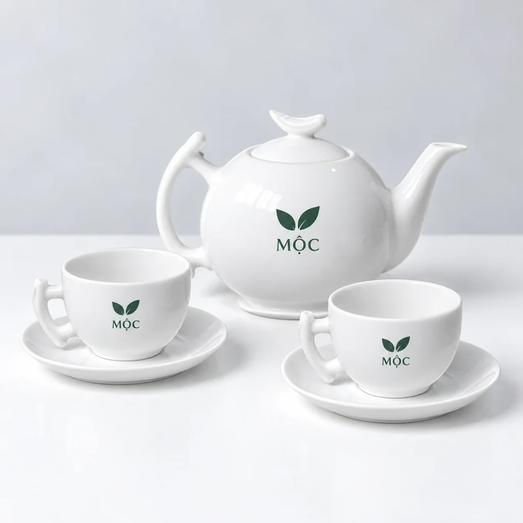 Mô phỏng biểu tượng lá và tên MỘC màu xanh trên ấm và chén men trắng