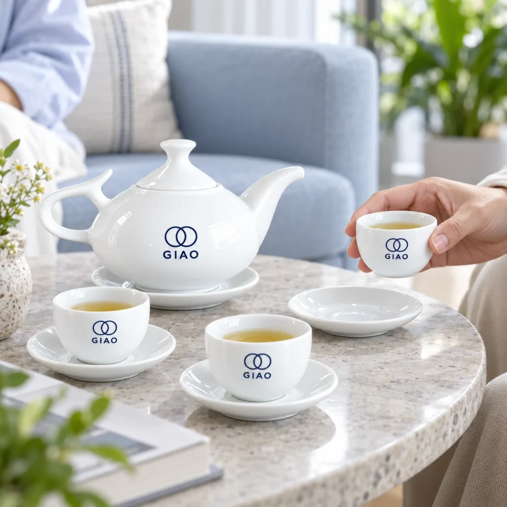 Minh họa người dùng cầm chén không quai tại bàn trà với bộ vòi voi in GIAO