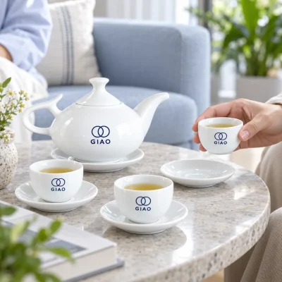 Minh họa người dùng cầm chén không quai tại bàn trà với bộ vòi voi in GIAO