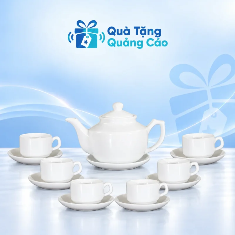 Bộ trà trắng vuông thấp 600 ml in logo