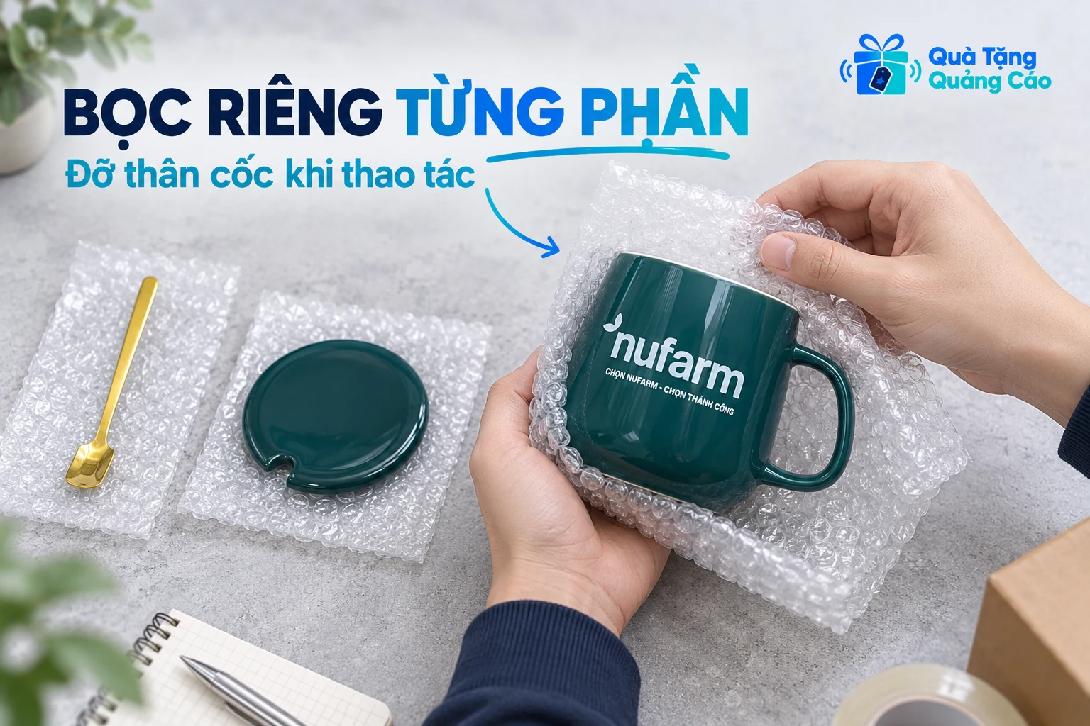 Tay đỡ thân cốc để bọc riêng, nắp và thìa được đặt tách nhau