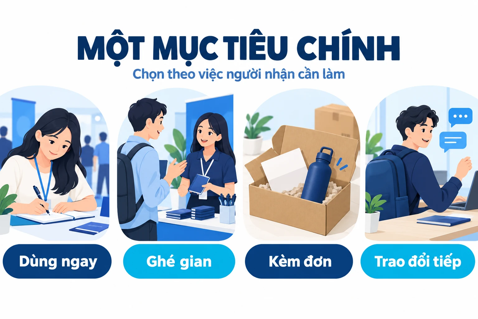 Minh họa bốn mục tiêu dùng ngay, ghé gian, kèm đơn và trao đổi tiếp