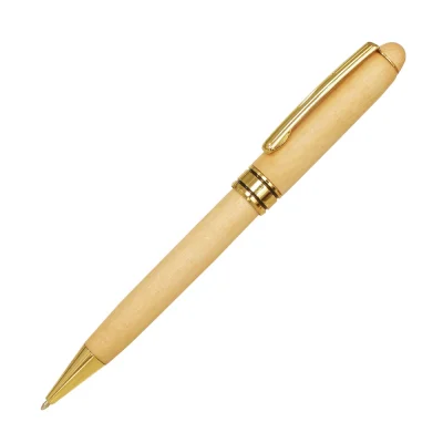 Thân bút gỗ sáng, clip dài và đầu bút vàng, vòng giữa có các rãnh tối