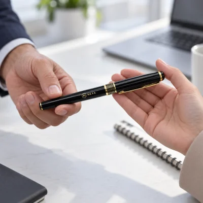 Minh họa hai tay trao một bút đóng nắp đen viền vàng có chữ NEXA