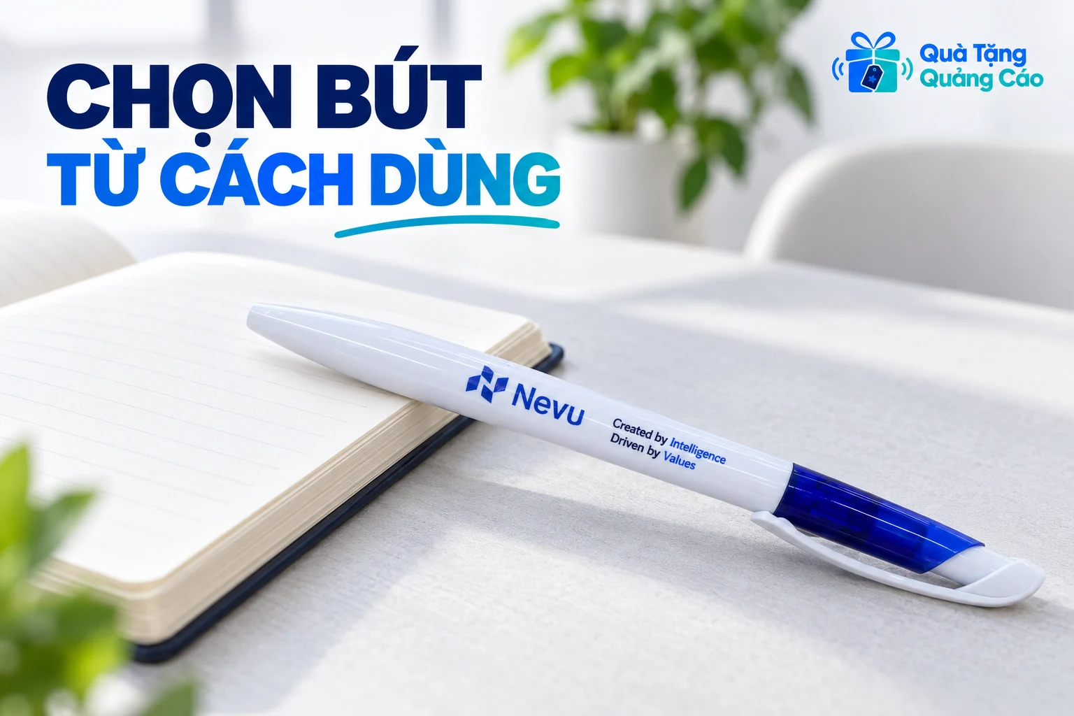 Bút trắng xanh Nevu đặt cạnh sổ mở trong bối cảnh ghi chép minh họa