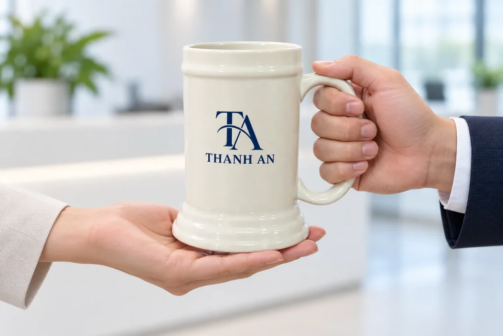 Minh họa trao ca bia men kem in logo làm quà doanh nghiệp
